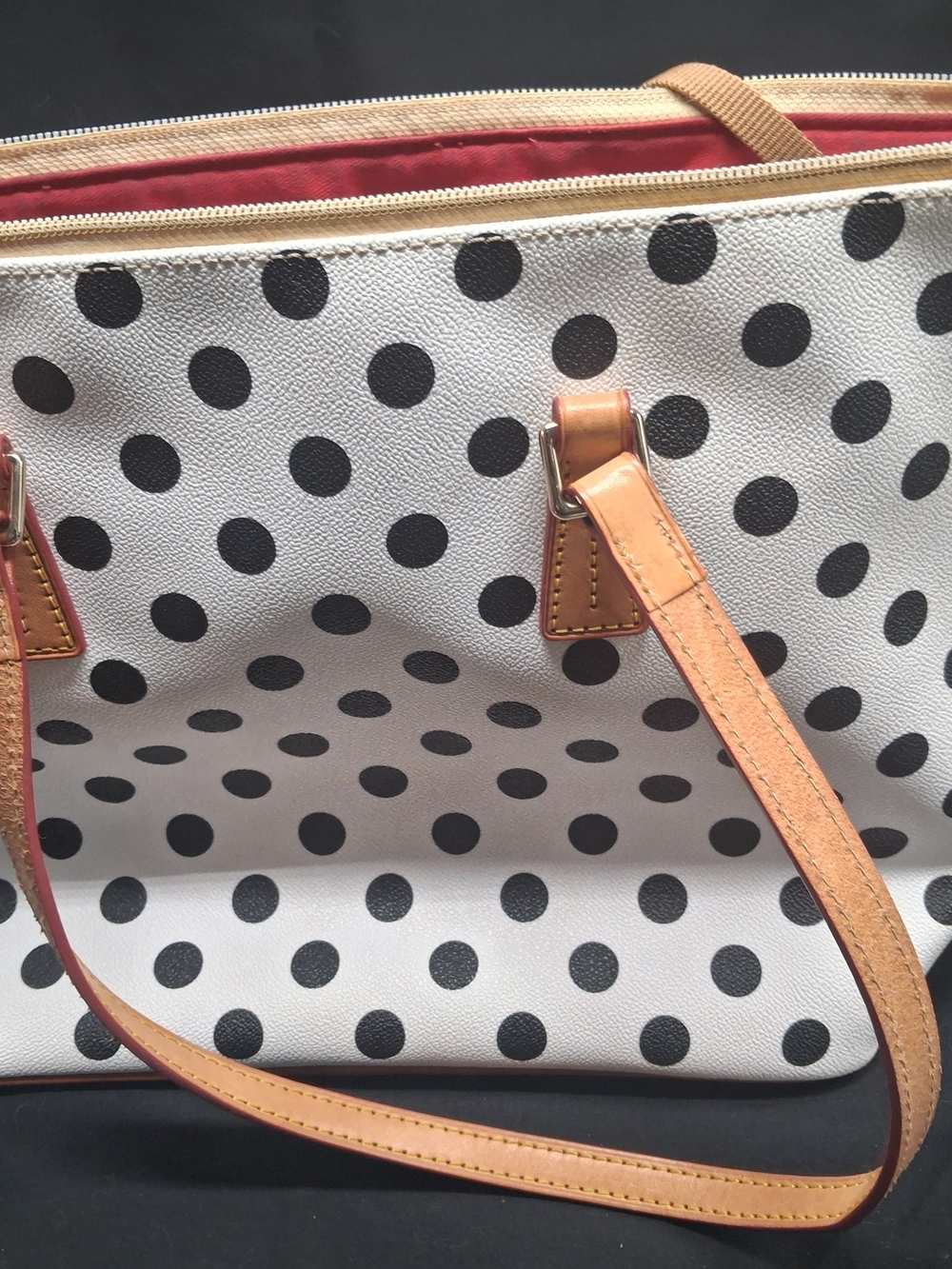Dooney & Bourke Cream Tote with Black Polka Dots and Tan Leather Trim - Picture 12 of 12